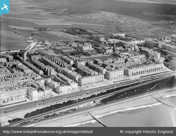 St Mary's Hall and Kemptown 1926 showing the planting on Madeira Drive and Duke's Mound. Britain from above. Copyright Historic England