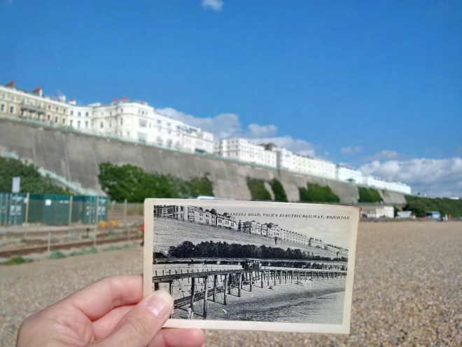 Approximately 100 years separates these photos, showing Madeira Drive, the Volks railway, Kemp Town and the Madeira Drive green wall