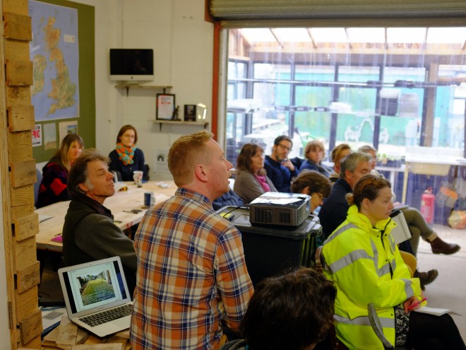 Lee Evans, course tutor, talking participants through the benefits and technical aspects of green roofing at Organic Roofs HQ