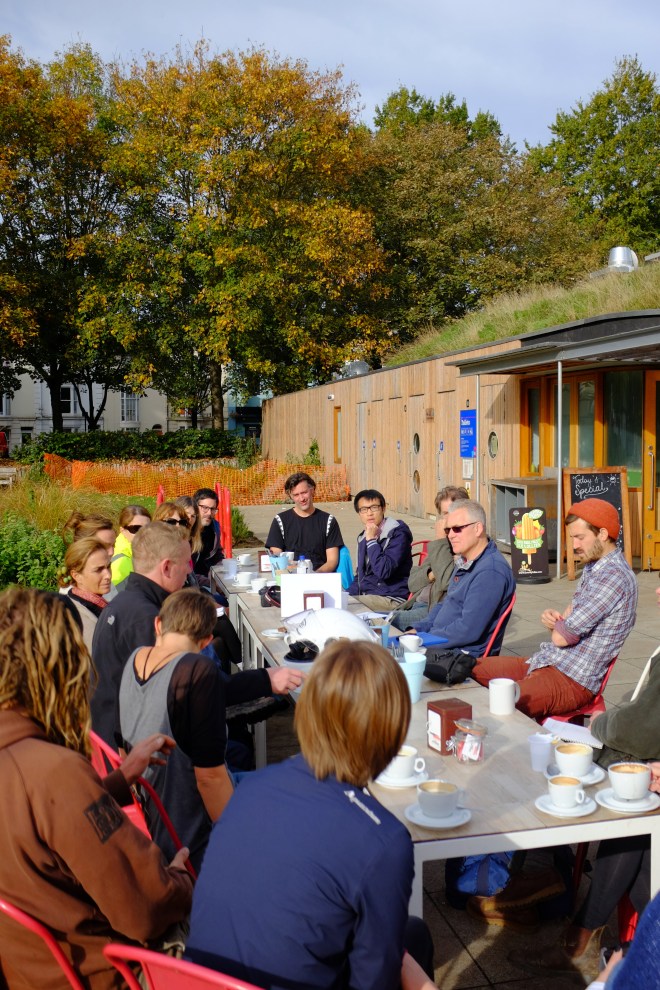 Building Green DIY Green Roof workshoppers taking a tour of the Velo Cafe, Brighton
