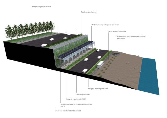A striking way of visualising the environmental infrastructure in East Brighton. Connecting the downs to the sea via the squares, green wall and streets. Supporting wildlife and reducing surface water flood risk