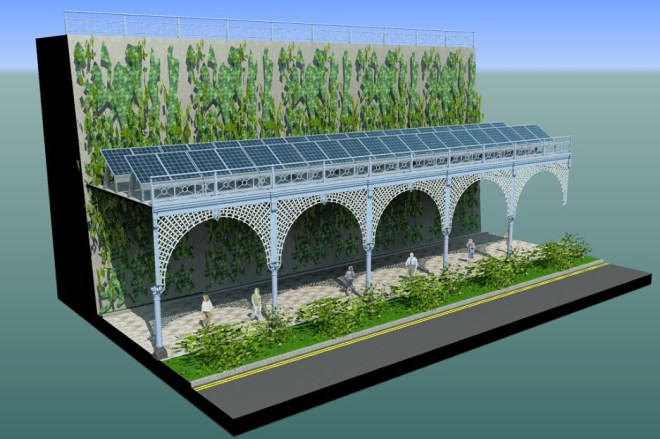 Photovoltaics could be established on the terraces where not safe to walk on. This can provide green electricity and some economic benefits, as well as a working platform for green wall maintenance.