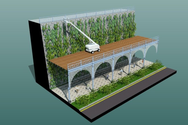 Maderia Terrace with light weight timber deck and cherry picker for green wall maintenance